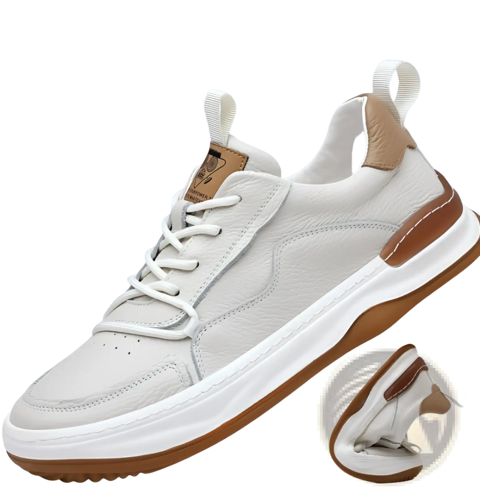 Men’s leather perforated breathable sneaker in white leather with tan accents and a white rubber sole