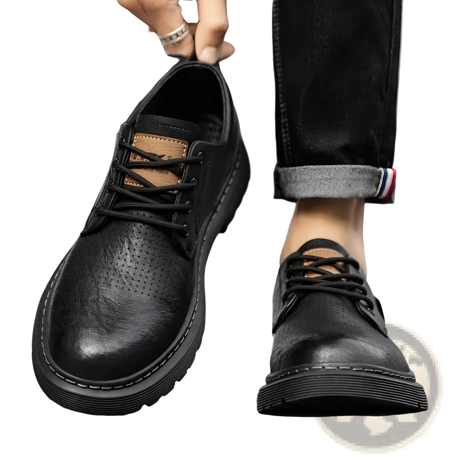 Black leather lace-up men’s perforated business casual shoes with tan suede insole for comfortable wear