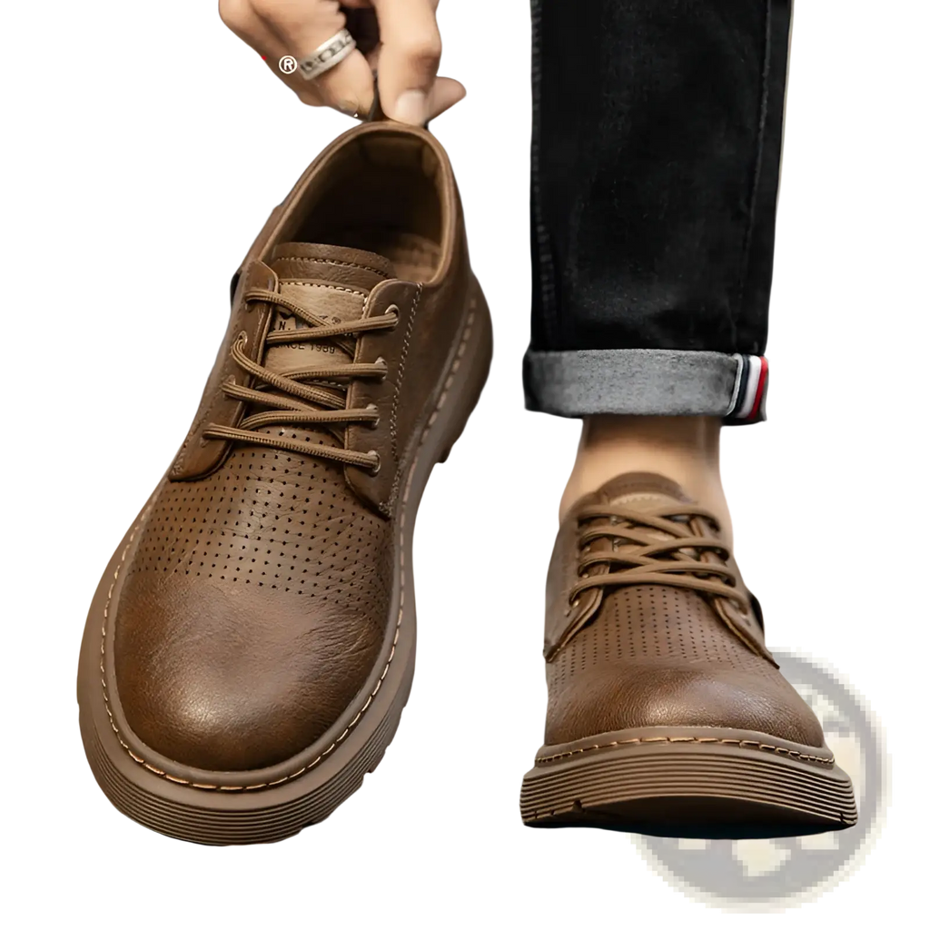 Men’s brown leather perforated business casual lace-up shoes with chunky sole for stylish comfortable wear
