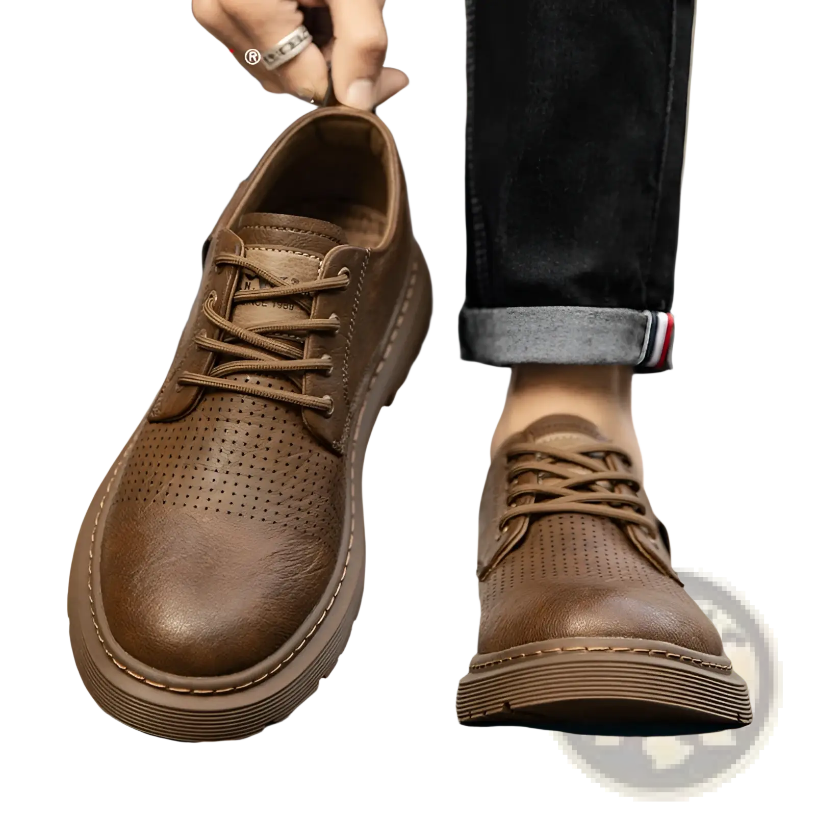 Men’s brown leather perforated business casual lace-up shoes with chunky sole for stylish comfortable wear
