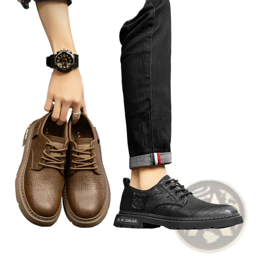 Brown perforated leather lace-up men’s business casual shoes with a chunky sole for formal and casual wear