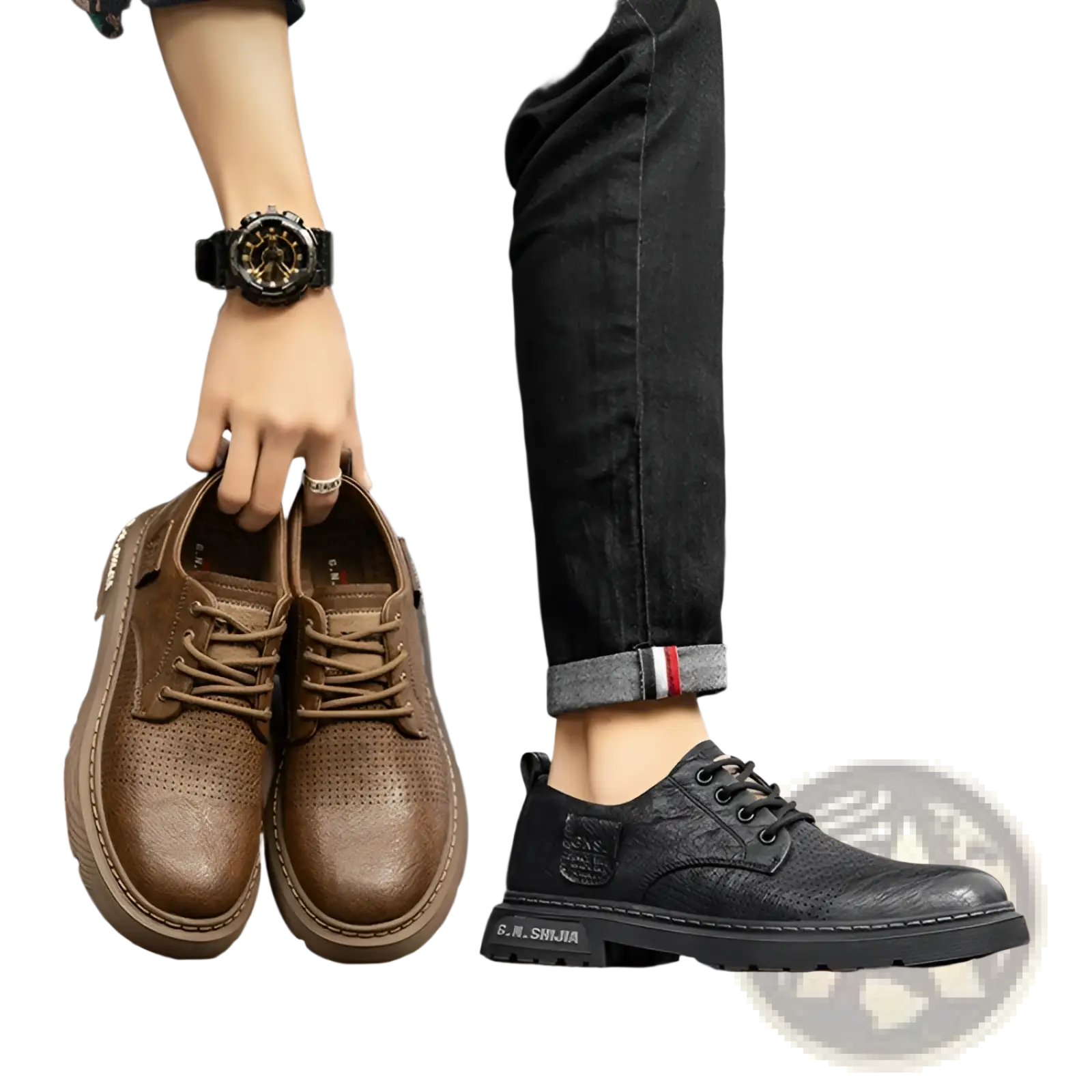 Brown perforated leather lace-up men’s business casual shoes with a chunky sole for formal and casual wear