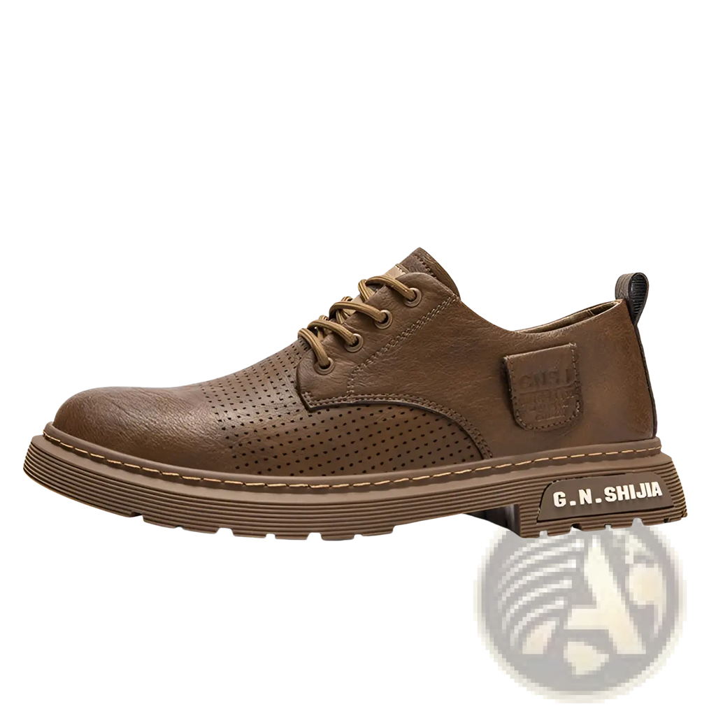 Men’s brown leather perforated business casual lace-up shoe with chunky sole and detailed stitching