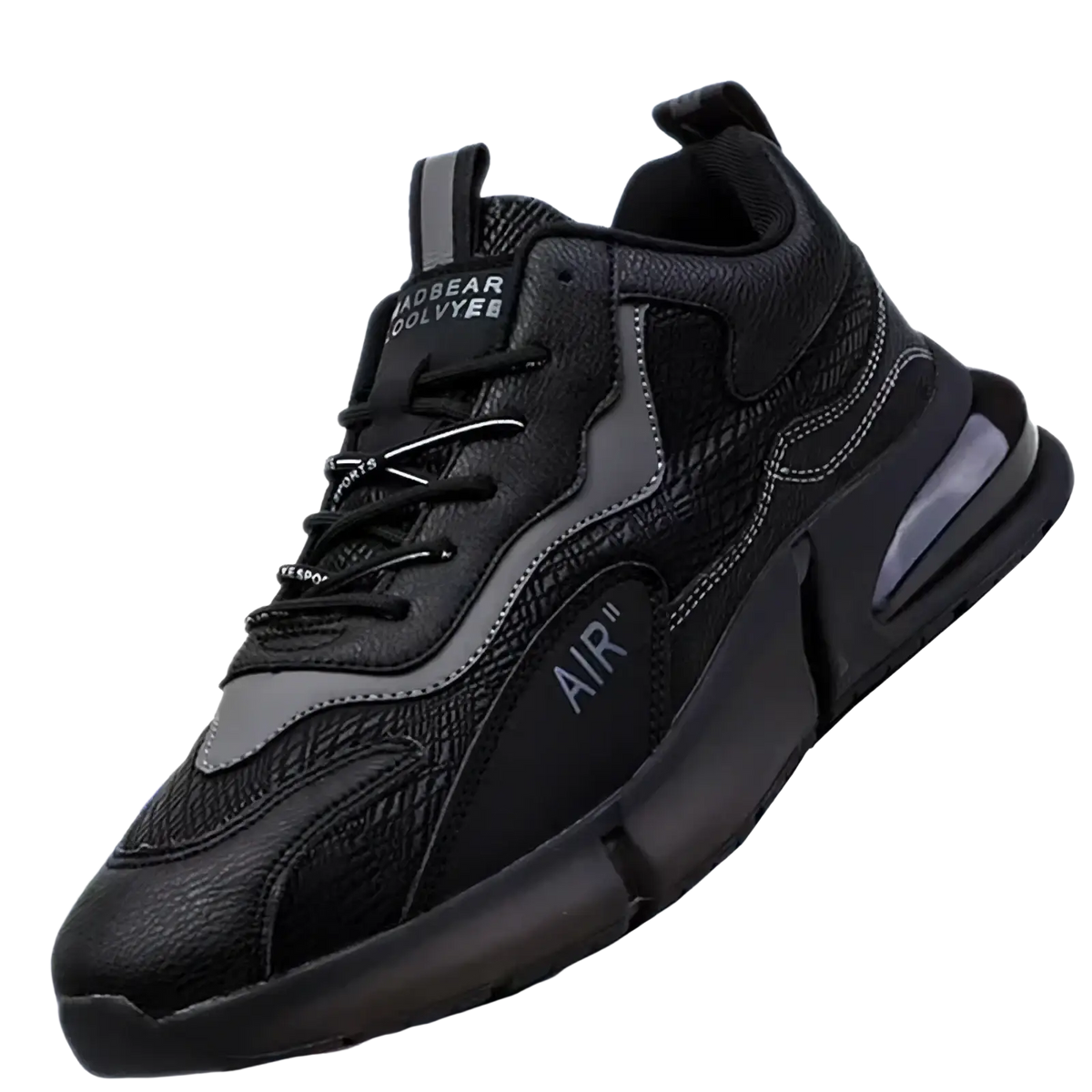 Mens leather platform sneakers casual walking shoes featuring black textured upper gray accents and air logo panel