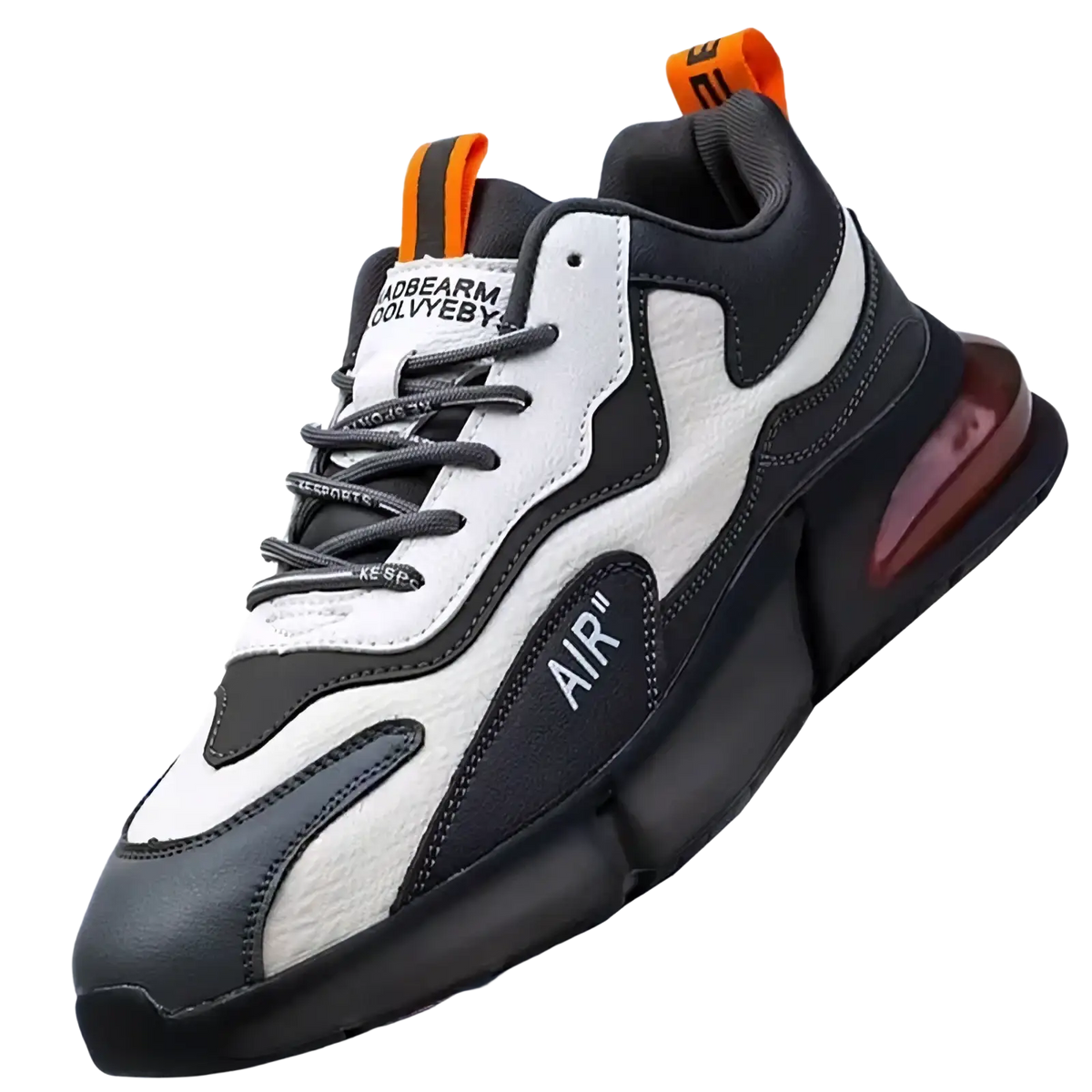 Mens leather platform sneakers casual walking shoes in black and white with orange accents and chunky sole featuring air branding