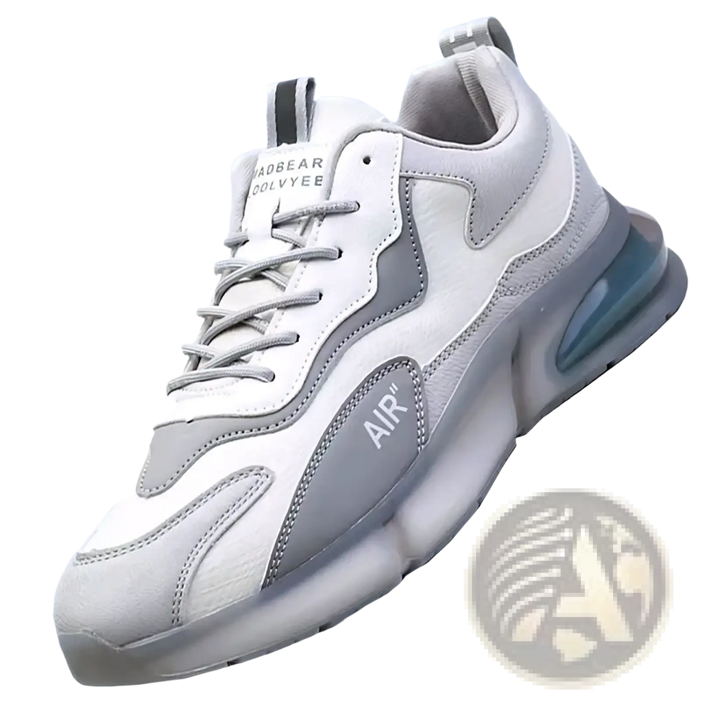 Mens leather platform sneakers in white and gray with chunky translucent blue air cushioned sole for casual walking