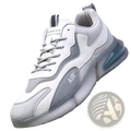 Mens leather platform sneakers in white and gray with chunky translucent blue air cushioned sole for casual walking
