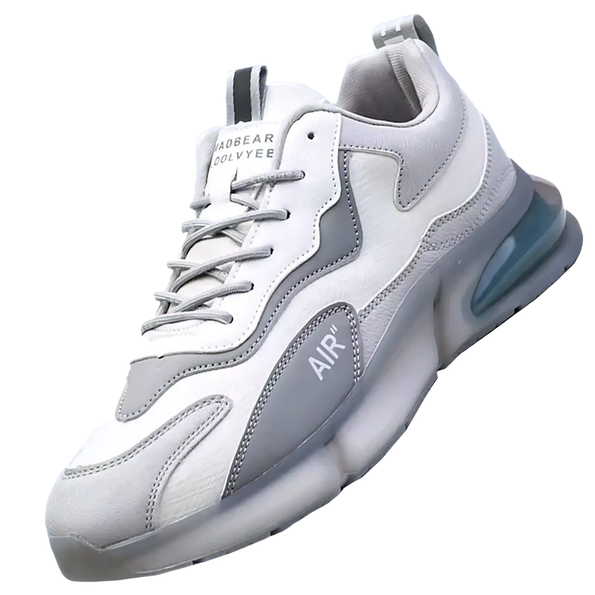 Mens leather platform sneakers in white and gray with chunky translucent blue air cushioned sole for casual walking