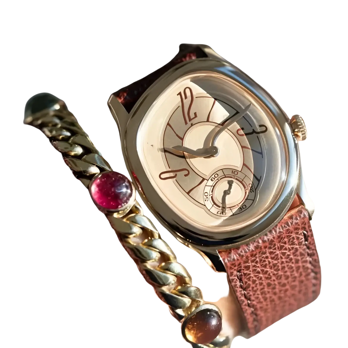 Mens leather quartz watch in rose gold with cream dial black arabic numerals and brown integrated leather strap