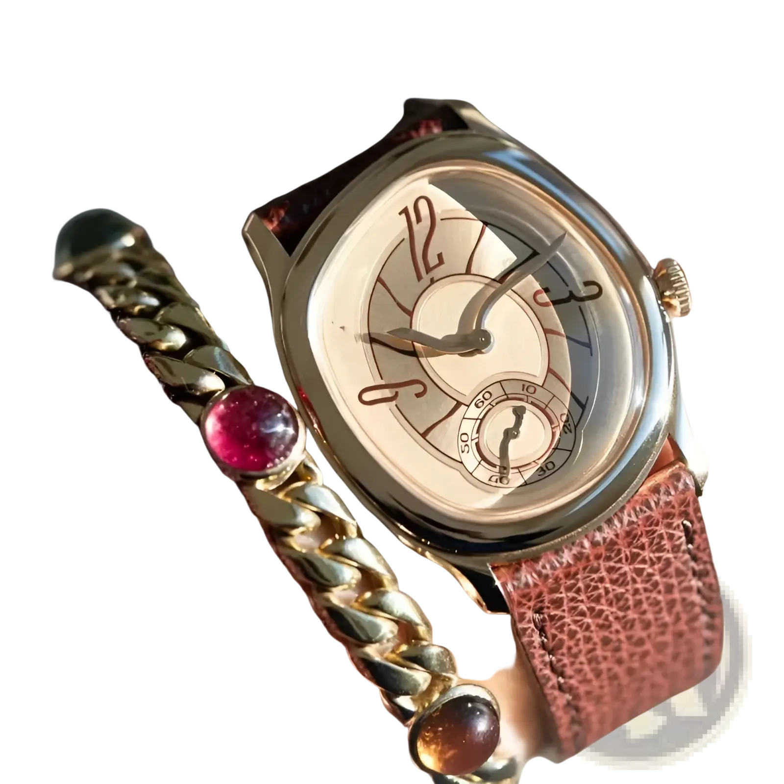 Mens leather quartz watch in rose gold with cream dial black arabic numerals and brown integrated leather strap