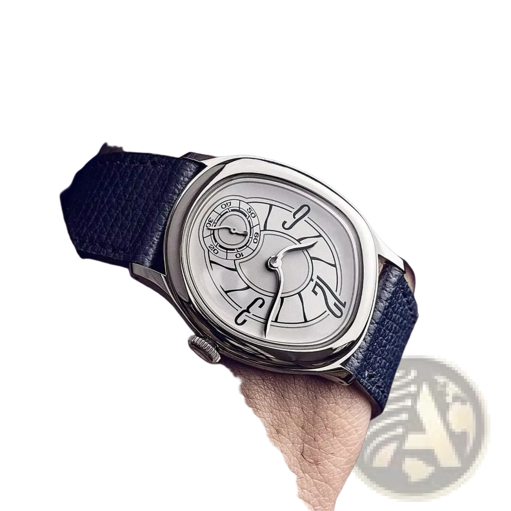 Mens leather quartz watch with silver-toned rectangular case, white dial, black numerals, and dark blue leather strap