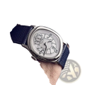 Mens leather quartz watch with silver-toned rectangular case, white dial, black numerals, and dark blue leather strap