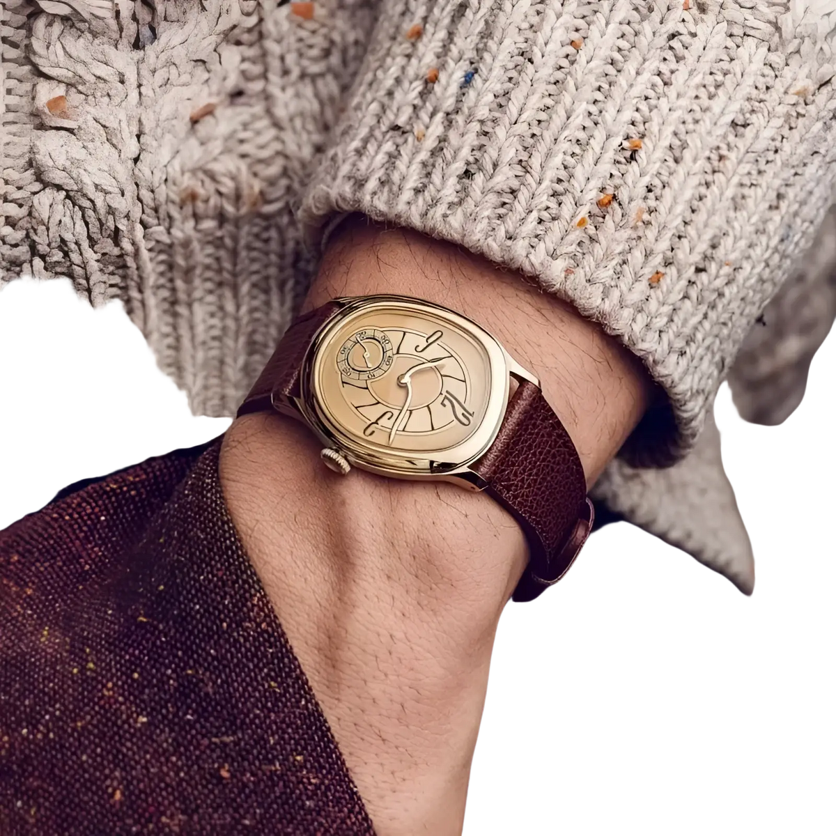 Mens leather quartz watch with gold-toned case brown leather strap and minimalist dial for casual wear