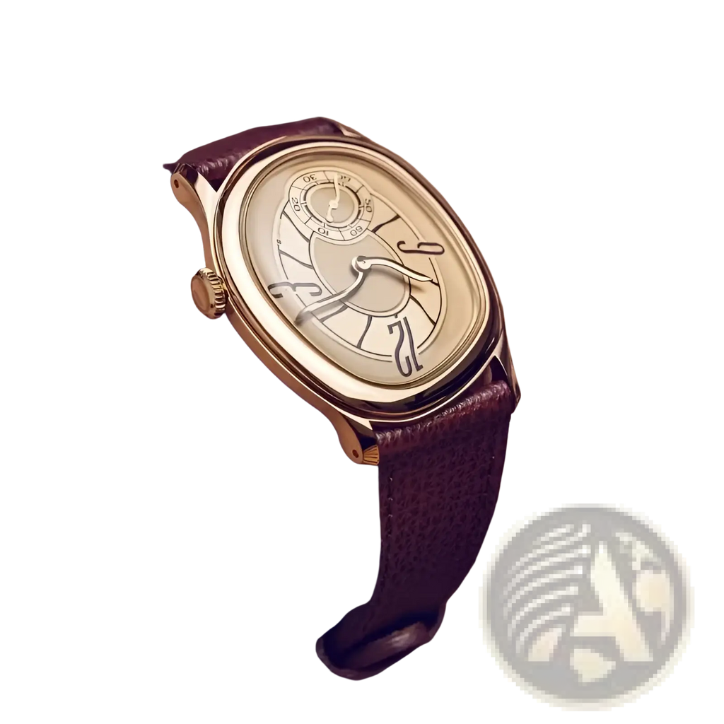 Mens leather quartz watch gold casual wristwatch with gold-toned oval case cream dial and dark brown leather strap
