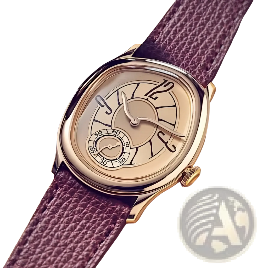 Mens leather quartz watch gold casual wristwatch with gold-toned oval case cream dial and purple leather strap