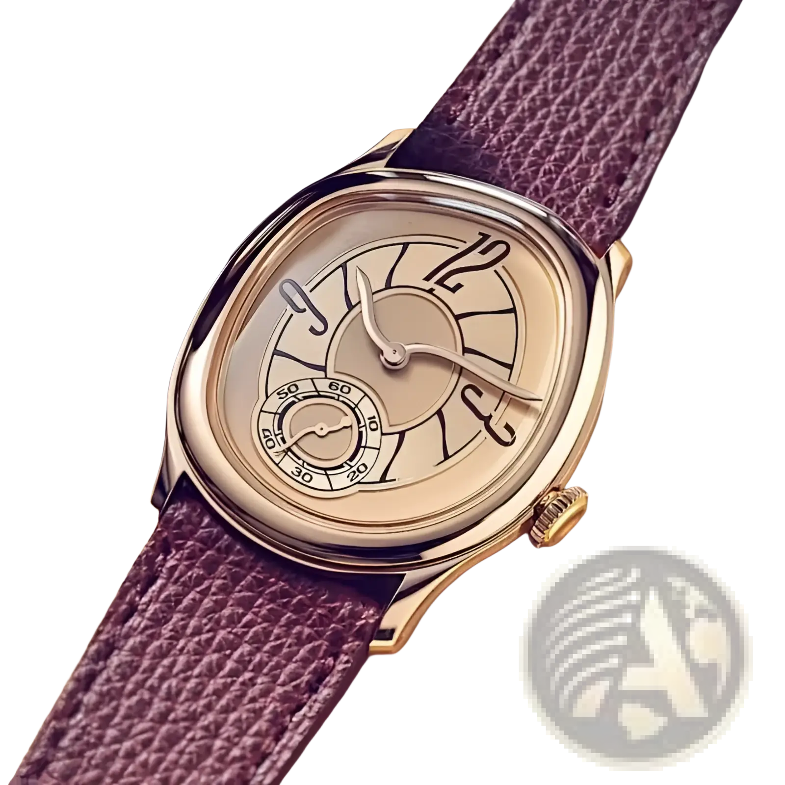 Mens leather quartz watch gold casual wristwatch with gold-toned oval case cream dial and purple leather strap