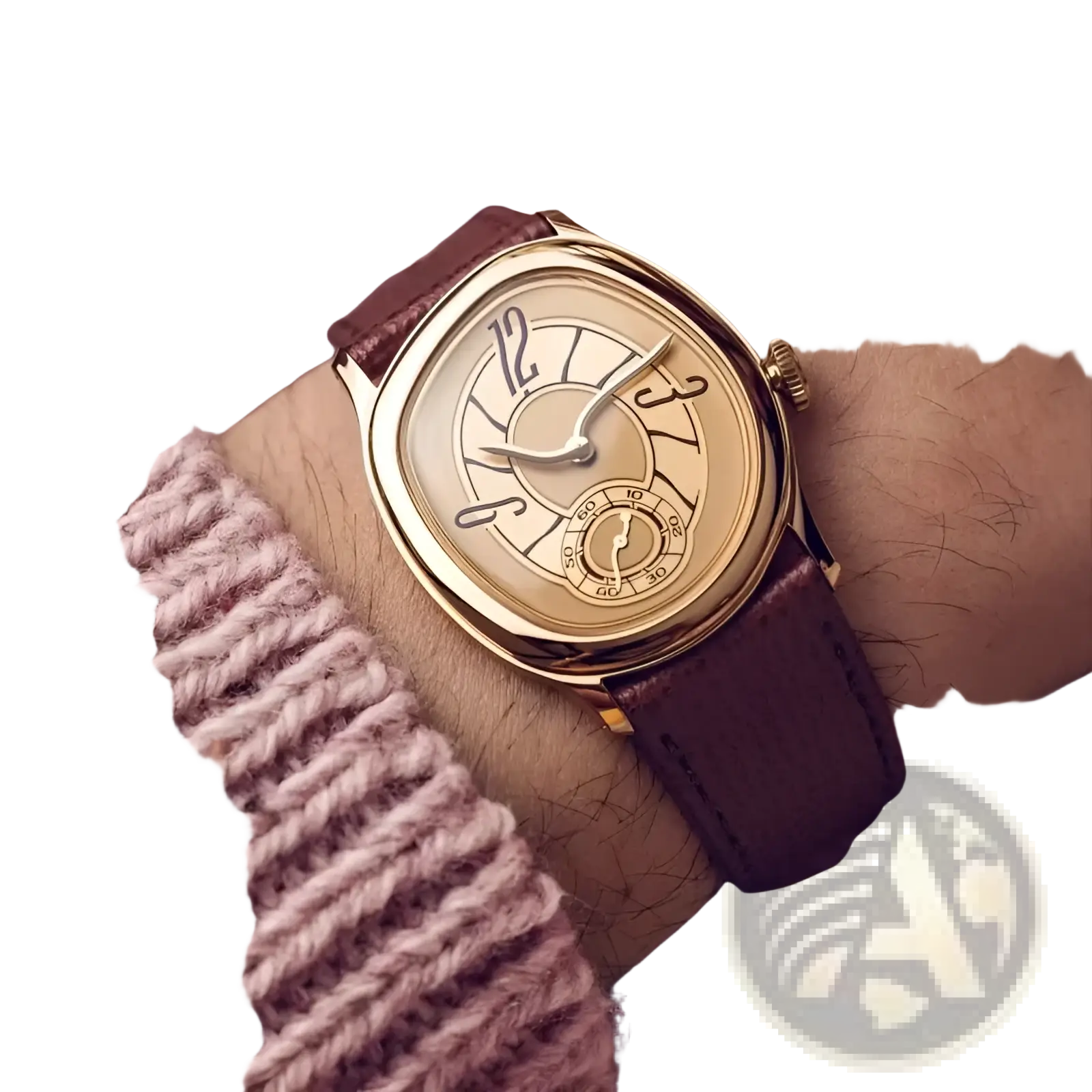 Mens leather quartz watch with a gold-toned rectangular face and brown leather strap featuring elegant arabic numerals