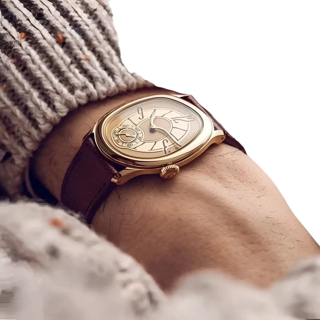 Mens leather quartz watch gold with gold-toned rectangular case cream dial and brown leather strap for casual wear