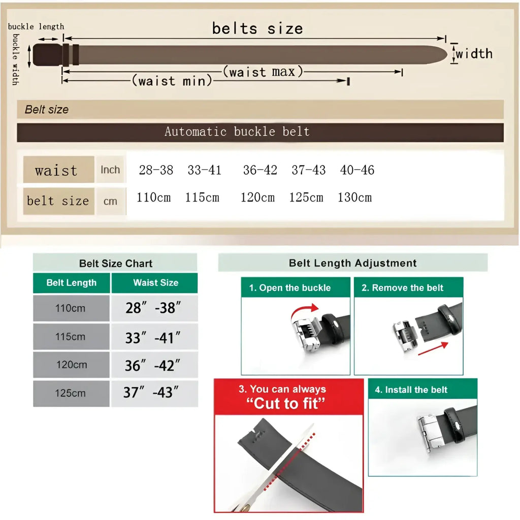 Black leather men’s ratchet belt with eagle buckle, automatic buckle, adjustable length, and multiple size options
