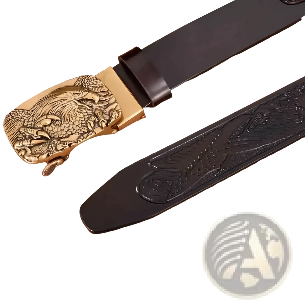 Men’s black leather ratchet belt with gold-toned eagle buckle featuring intricate feather and claw engraving