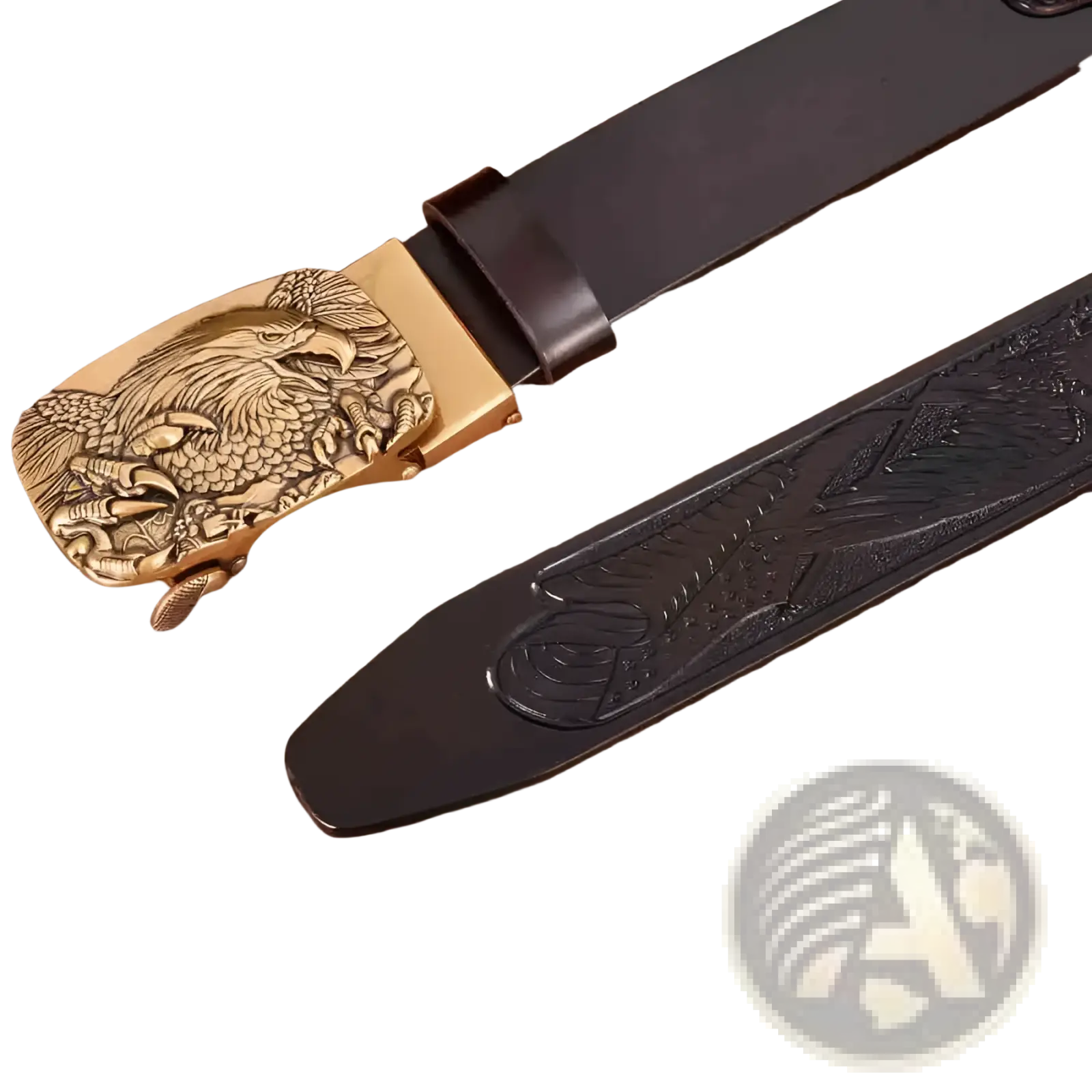 Men’s black leather ratchet belt with gold-toned eagle buckle featuring intricate feather and claw engraving