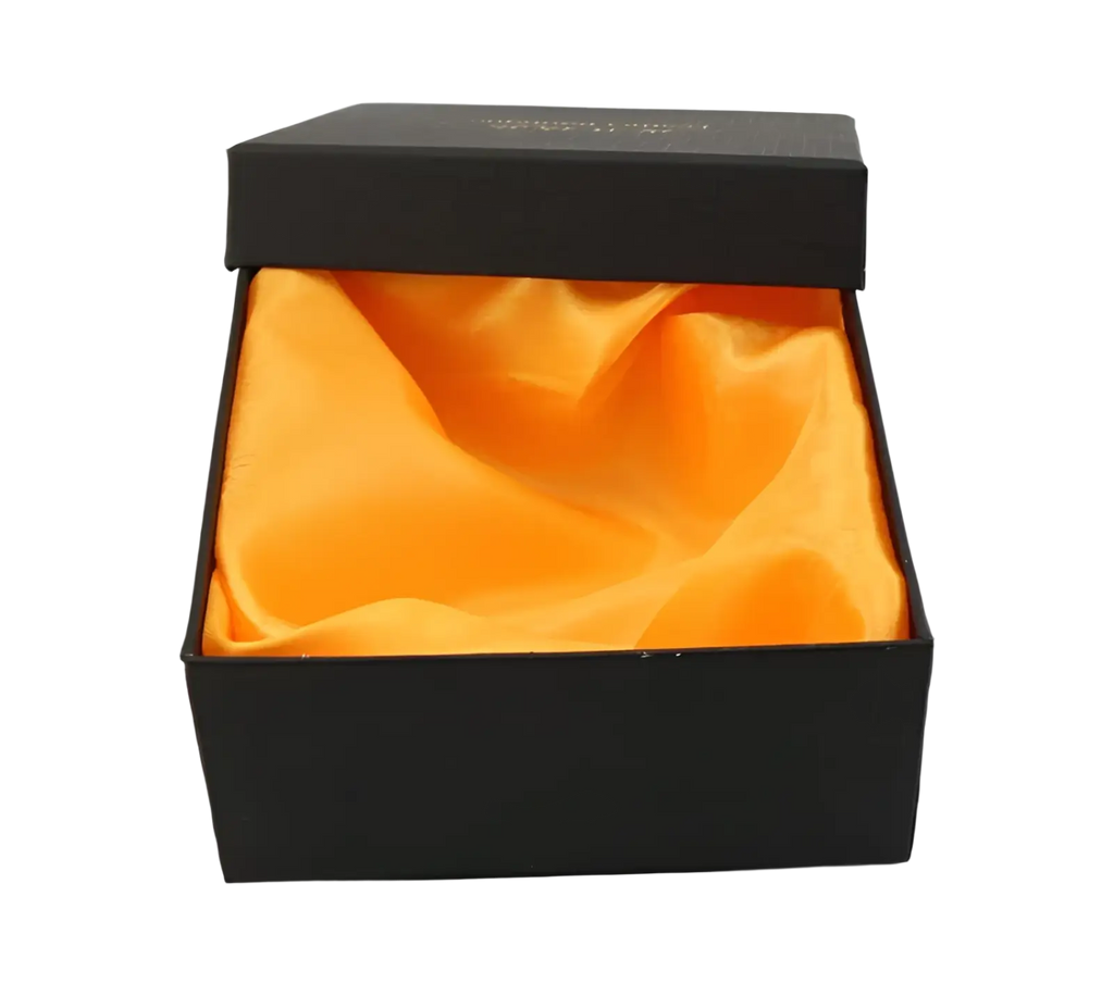 Black gift box with vibrant orange satin lining for men’s leather ratchet belt with eagle buckle packaging