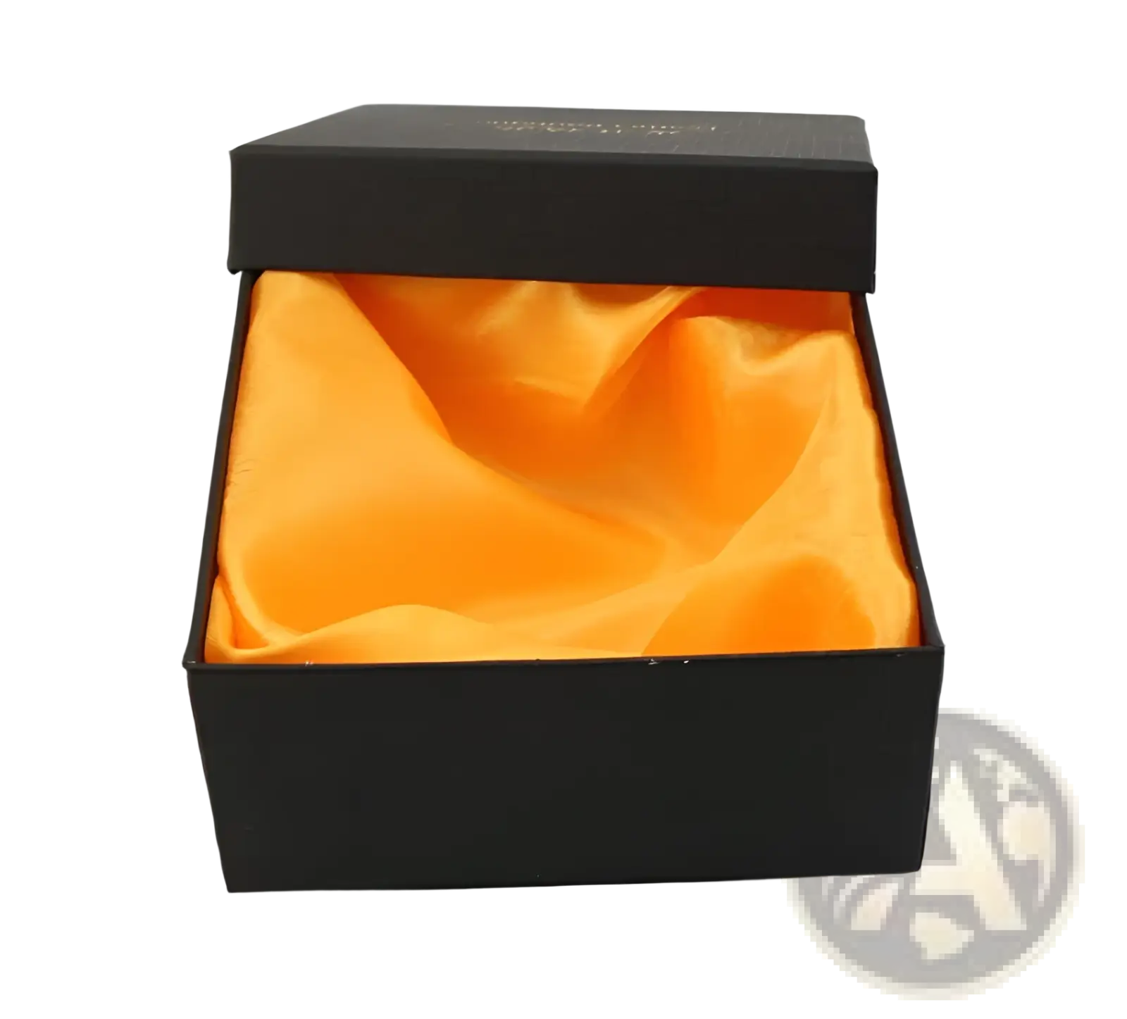 Black gift box with vibrant orange satin lining for men’s leather ratchet belt with eagle buckle packaging