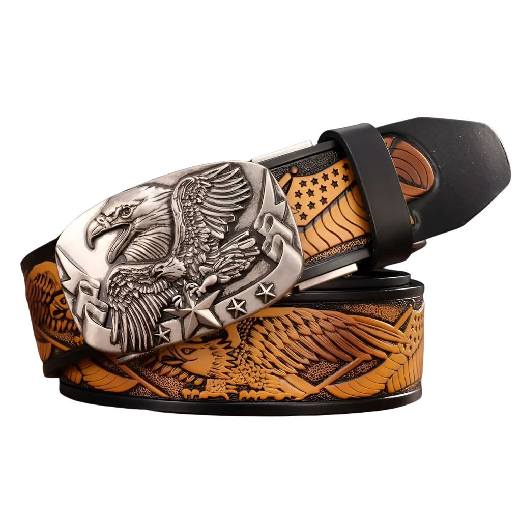 Black and silver men’s leather ratchet belt featuring a detailed eagle design buckle for stylish casual wear