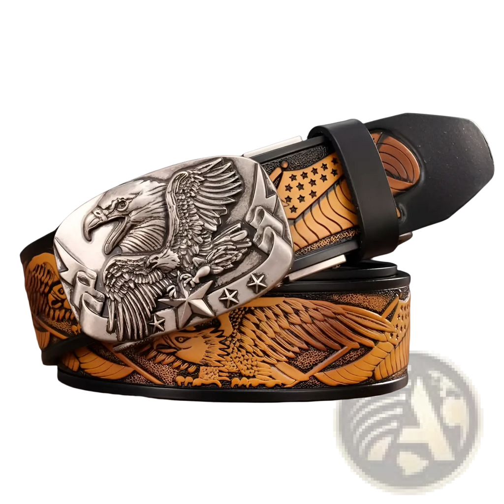 Black and silver men’s leather ratchet belt featuring a detailed eagle design buckle for stylish casual wear