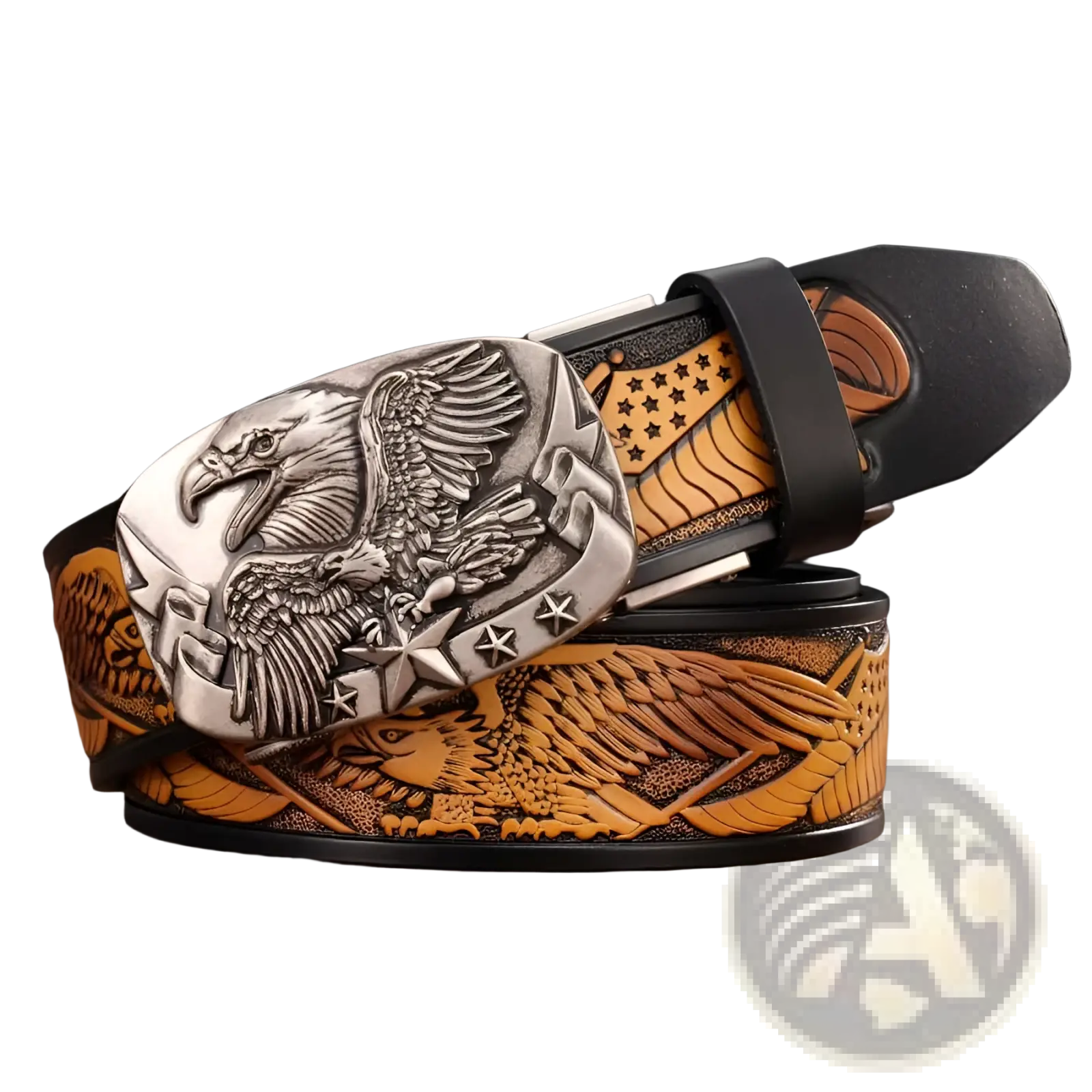 Black and silver men’s leather ratchet belt featuring a detailed eagle design buckle for stylish casual wear