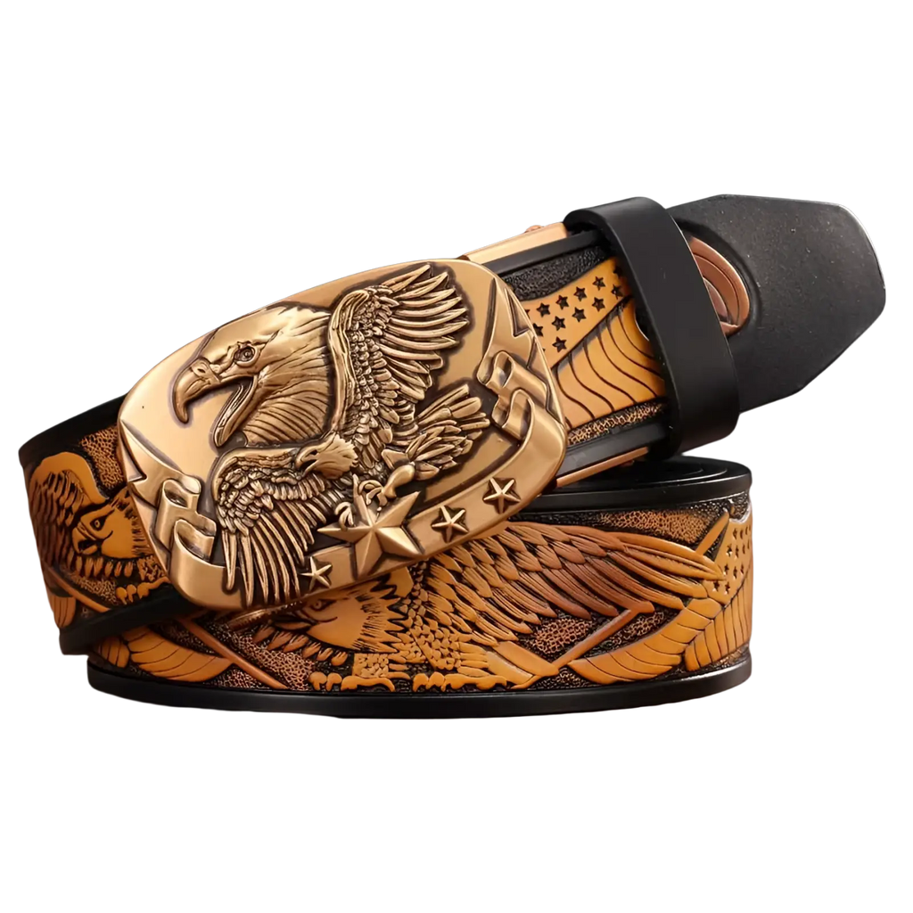 Men’s leather ratchet belt with black strap and bronze eagle buckle featuring detailed embossed design