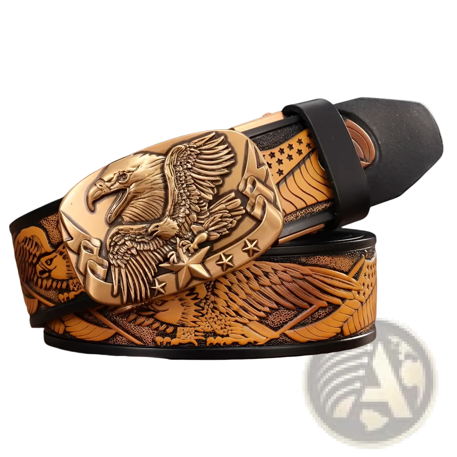 Men’s leather ratchet belt with black strap and bronze eagle buckle featuring detailed embossed design