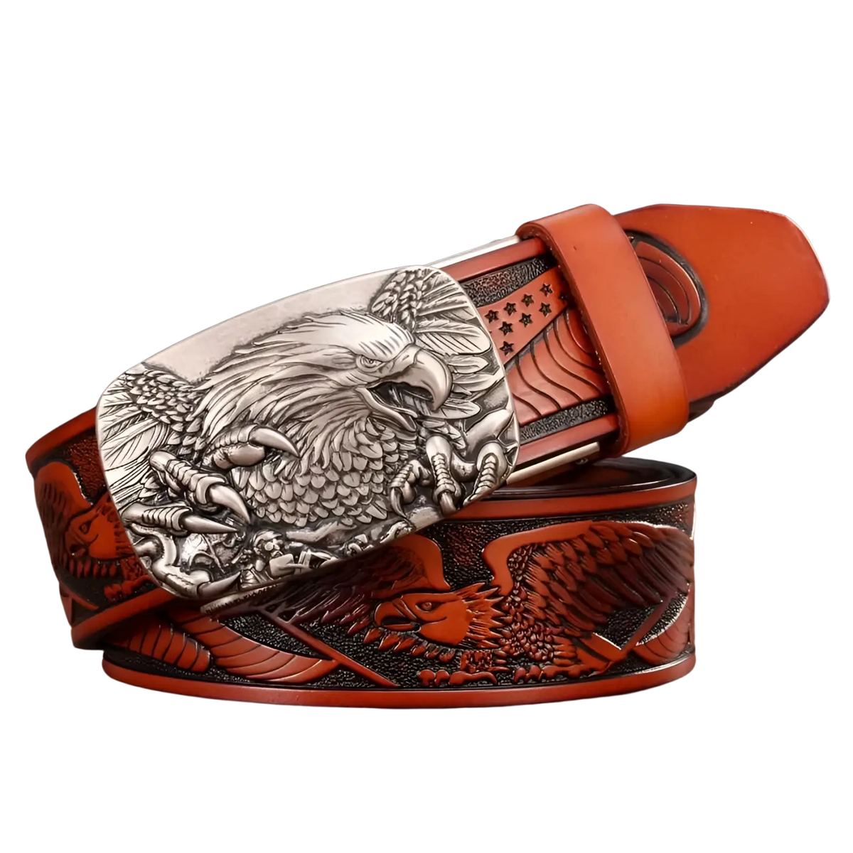 Men’s brown leather ratchet belt with a detailed silver eagle buckle and embossed eagle design along the strap