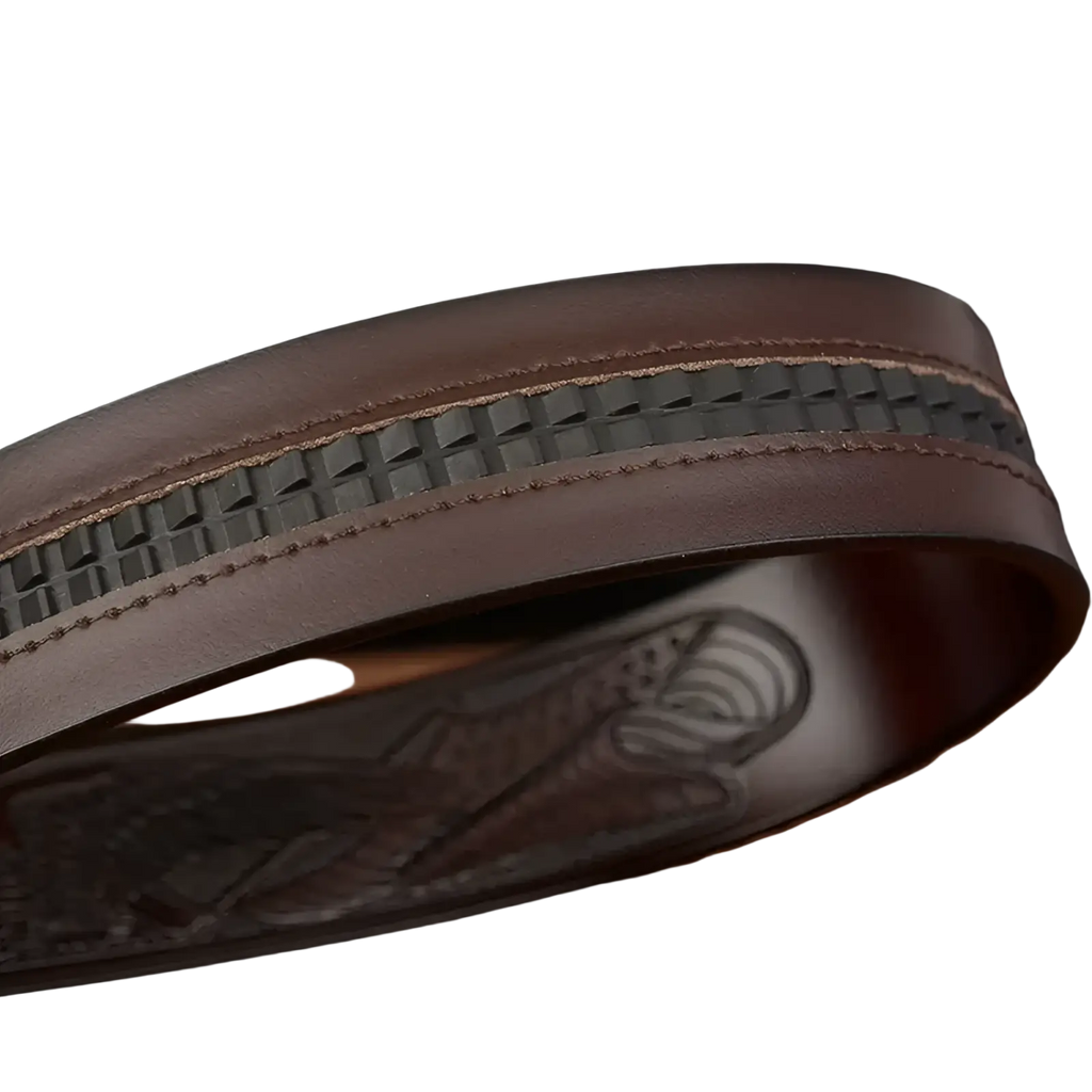 Men’s brown leather ratchet belt with eagle buckle featuring textured woven edge and embossed inner design visible