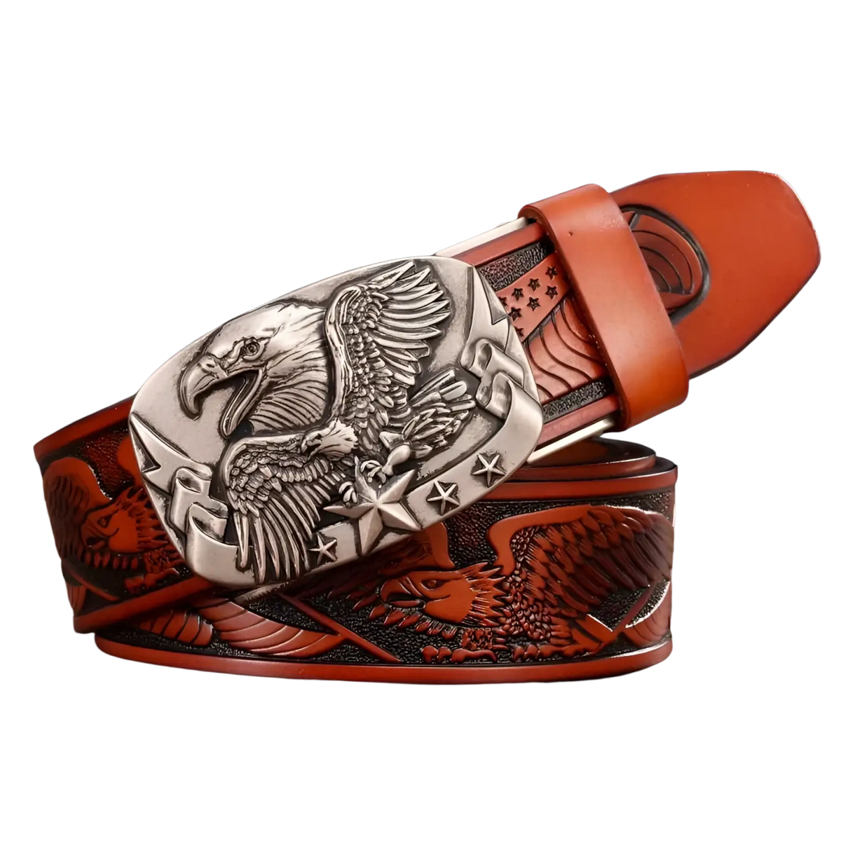 Men’s brown leather ratchet belt with detailed silver eagle buckle and embossed eagle designs along the strap