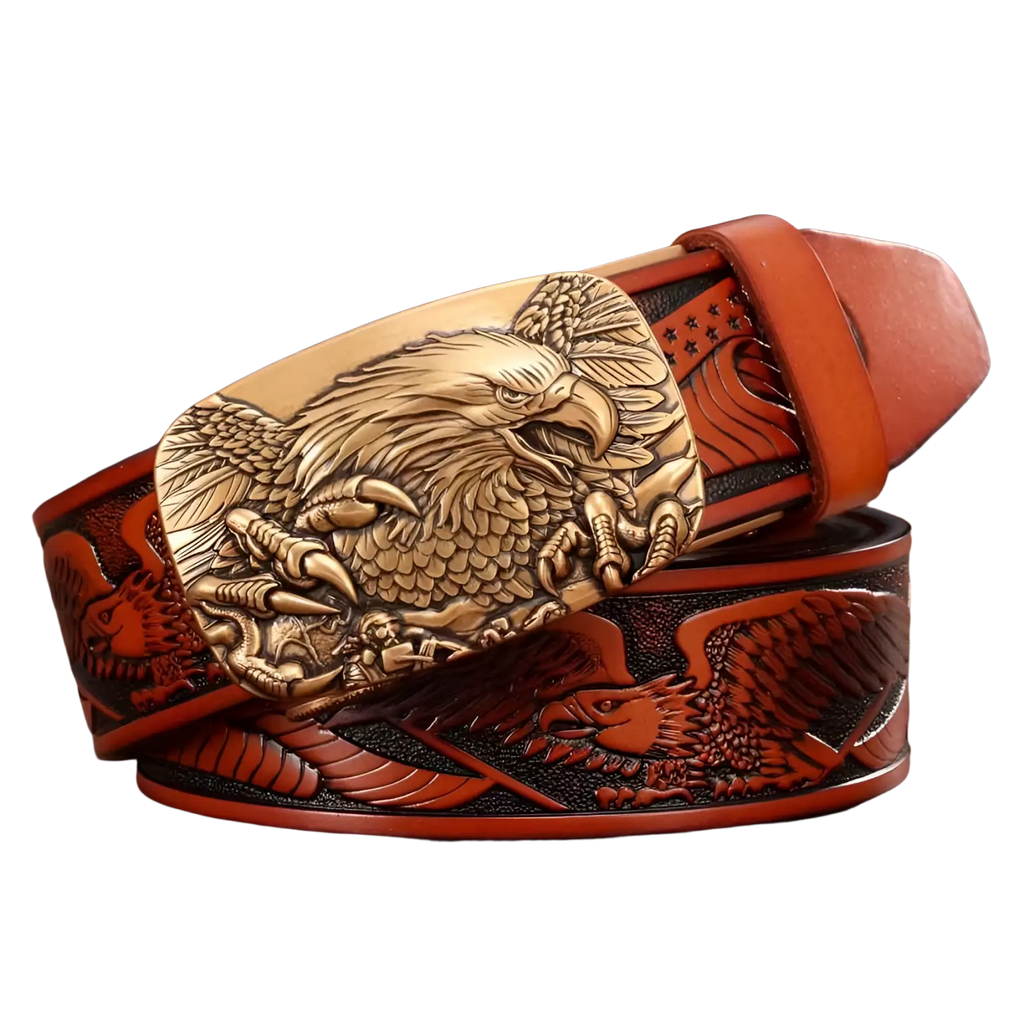 Men’s brown and bronze leather ratchet belt featuring a detailed carved eagle buckle with intricate feathering and claws