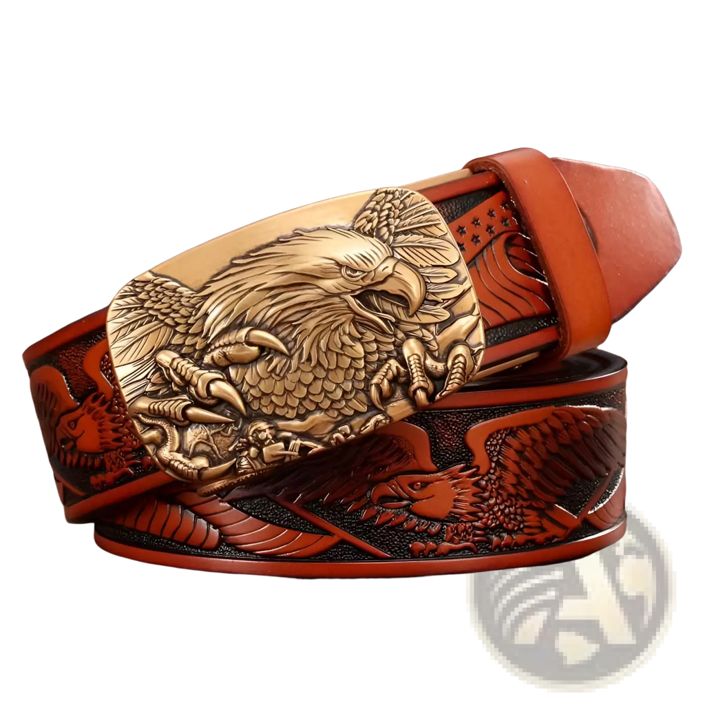 Men’s brown and bronze leather ratchet belt featuring a detailed carved eagle buckle with intricate feathering and claws