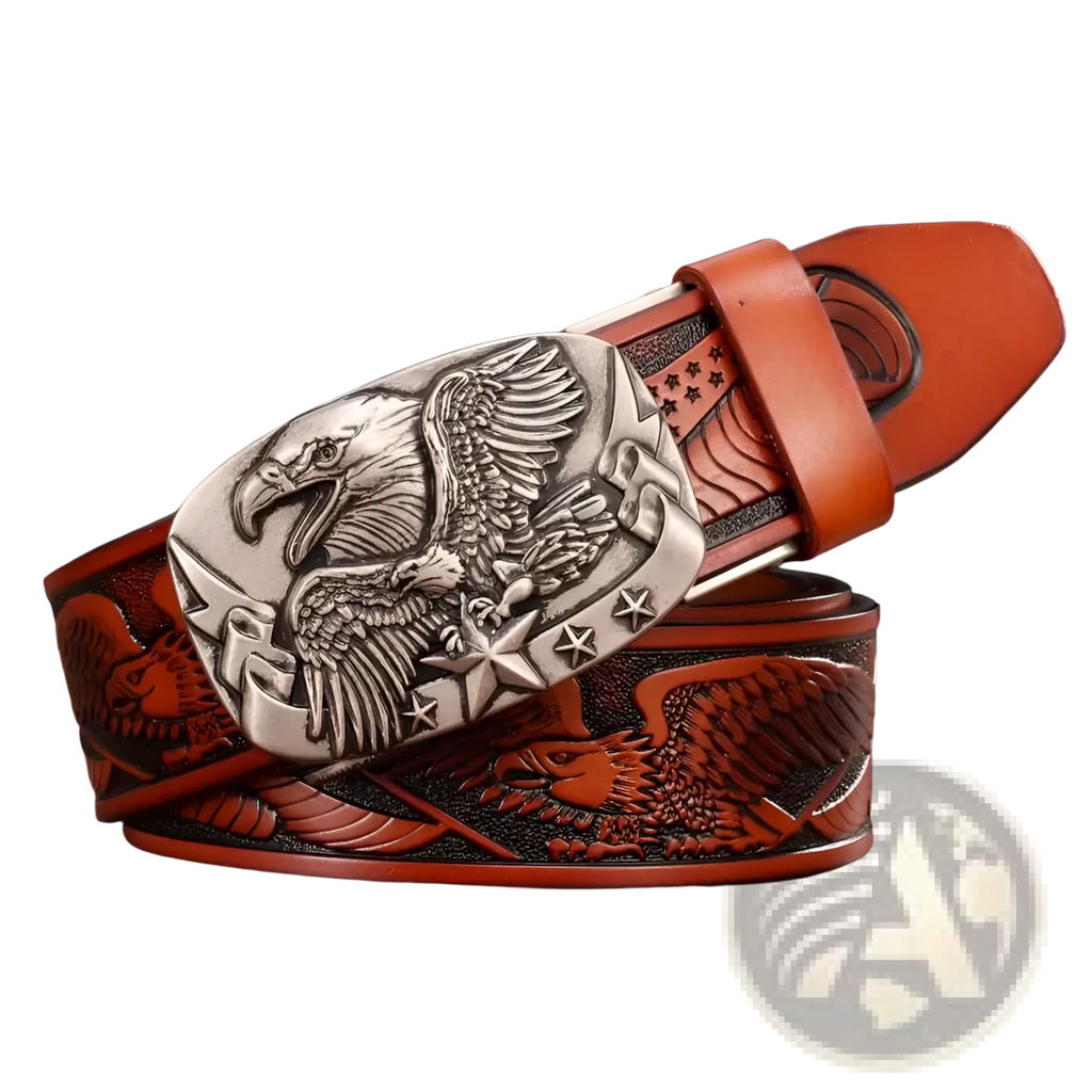 Men’s brown leather ratchet belt with detailed silver eagle buckle and embossed eagle designs along the strap