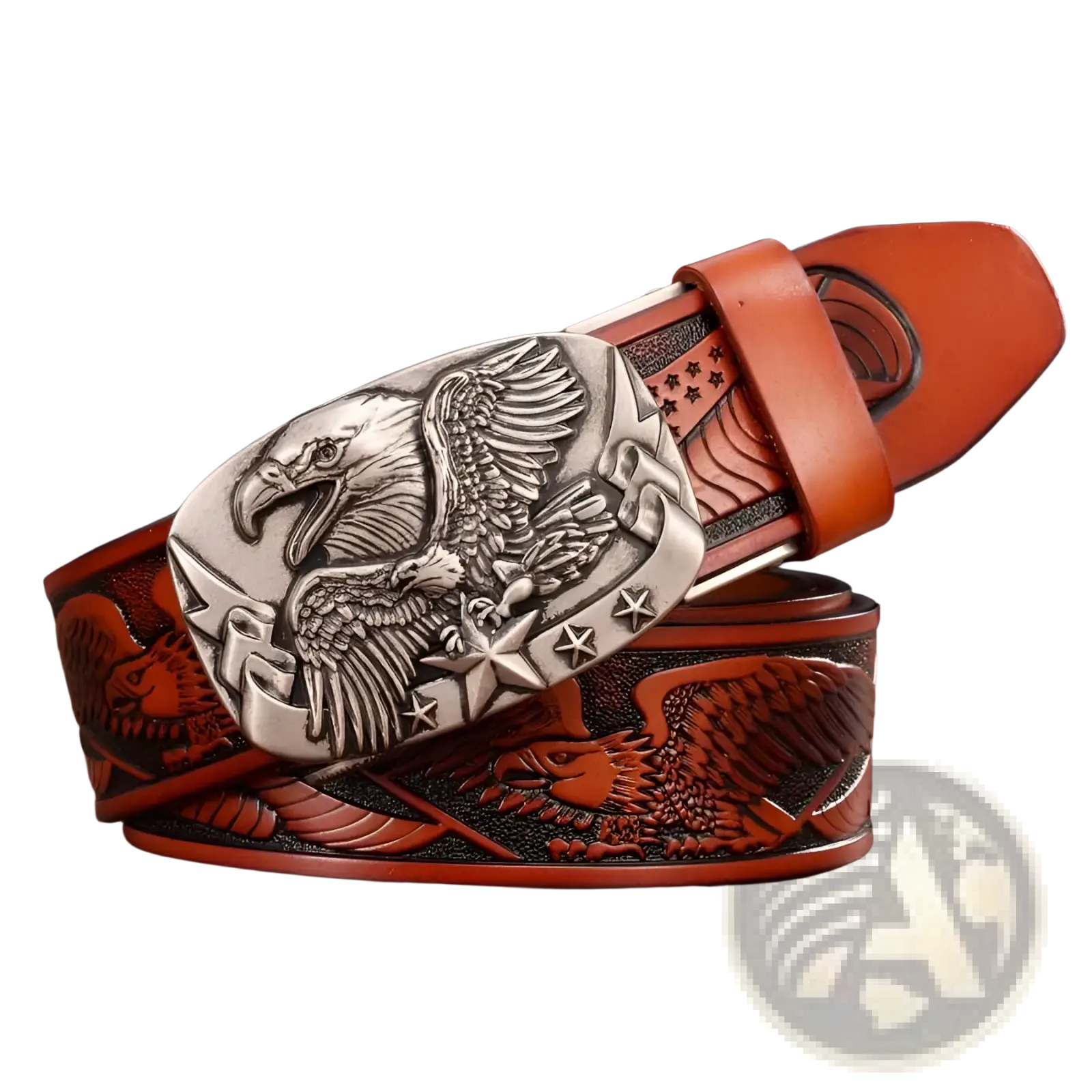 Men’s brown leather ratchet belt with detailed silver eagle buckle and embossed eagle designs along the strap