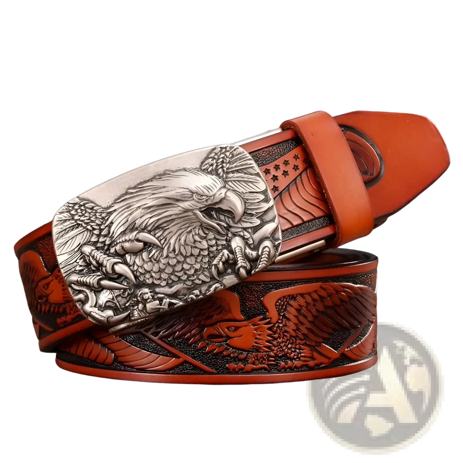 Men’s brown leather ratchet belt with a detailed silver eagle buckle and embossed eagle design along the strap