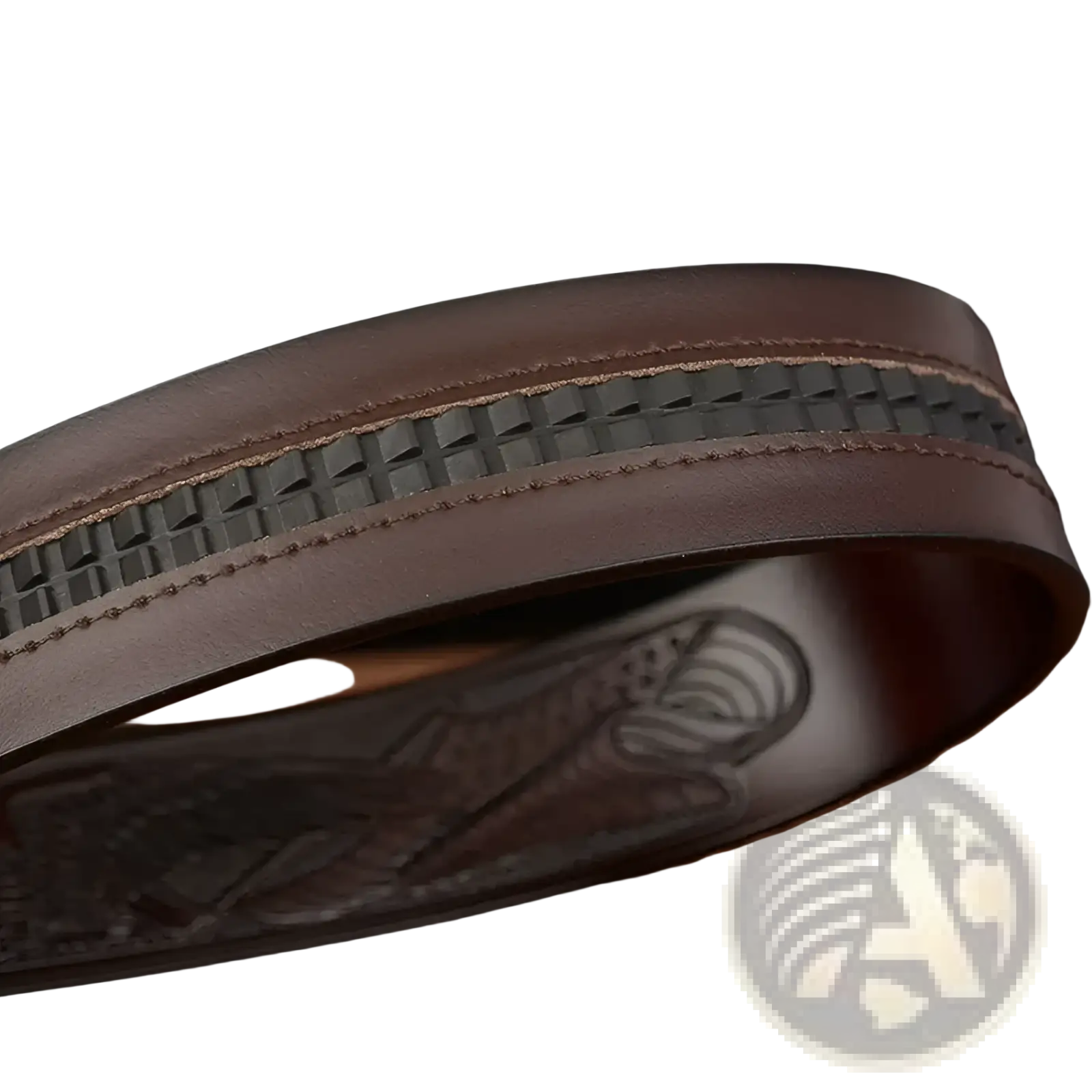 Men’s brown leather ratchet belt with eagle buckle featuring a textured woven edge and embossed inner design shown from back side
