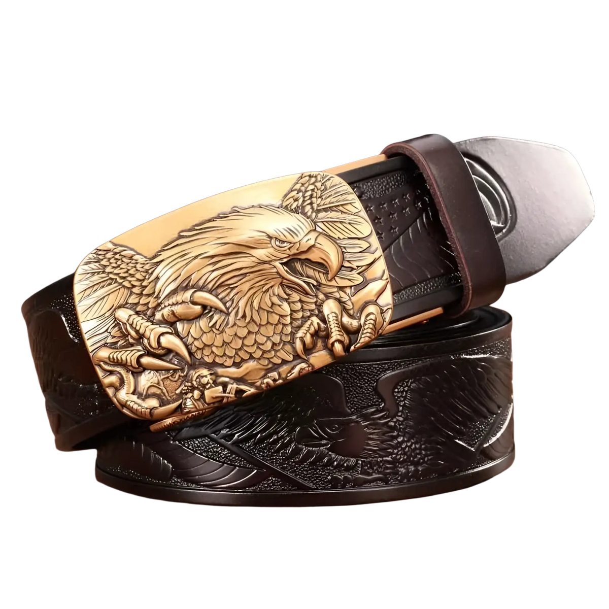 Men’s leather ratchet belt by coffee and bronze with dark brown embossed strap and golden eagle buckle detailed carving