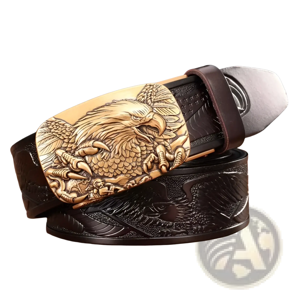 Men’s leather ratchet belt by coffee and bronze with dark brown embossed strap and golden eagle buckle detailed carving