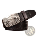 Men’s dark brown leather ratchet belt with detailed silver-toned eagle buckle featuring intricate feather and claw engraving