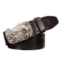 Men’s dark brown leather ratchet belt with detailed silver-toned eagle buckle featuring intricate feather and claw engraving