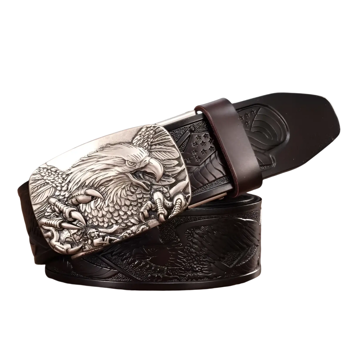 Men’s dark brown leather ratchet belt with detailed silver-toned eagle buckle featuring intricate feather and claw engraving