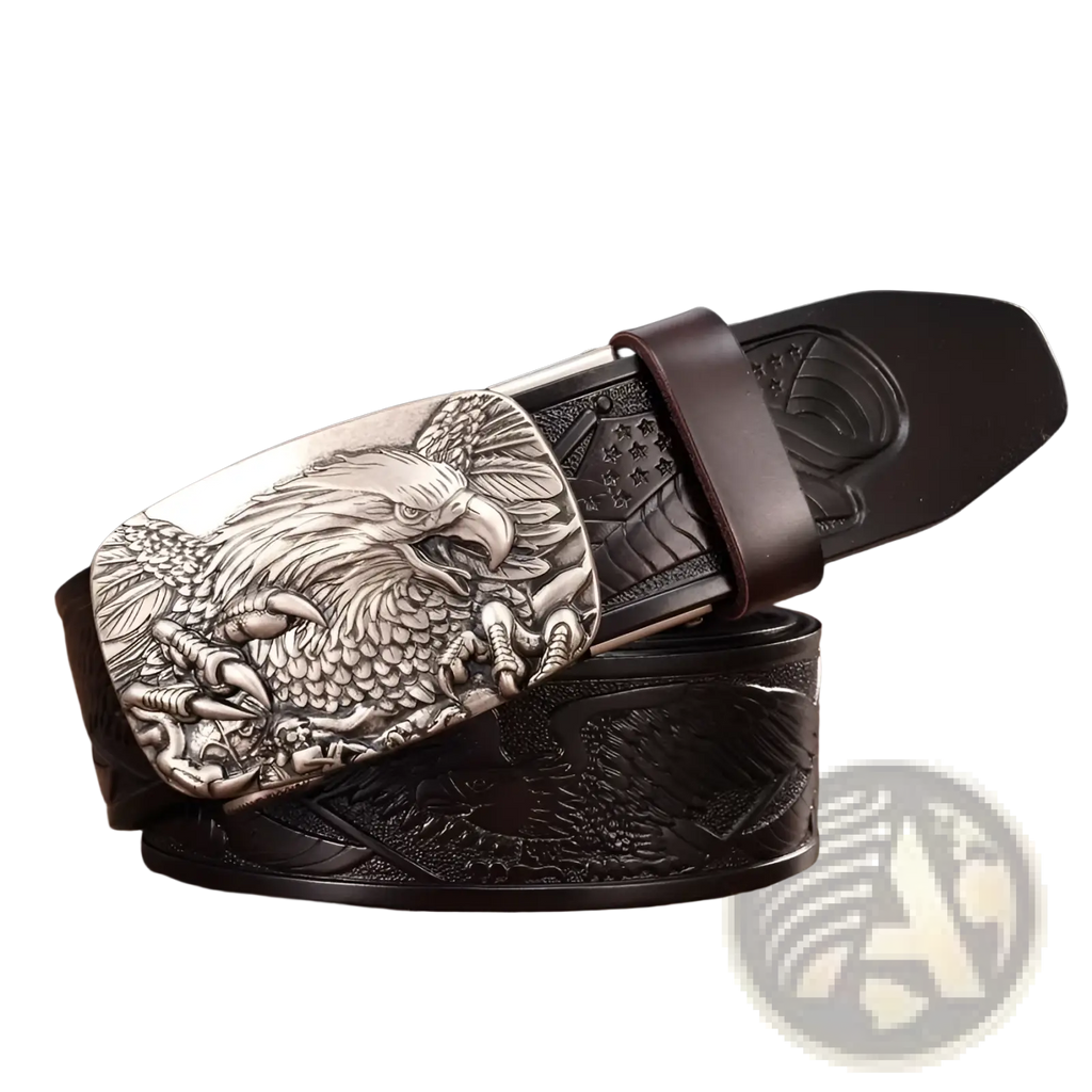 Men’s dark brown leather ratchet belt with a detailed silver-toned eagle buckle engraved with feathers and claws