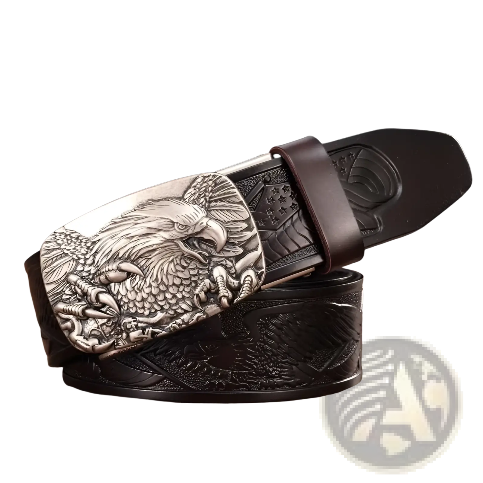 Men’s dark brown leather ratchet belt with a detailed silver-toned eagle buckle engraved with feathers and claws
