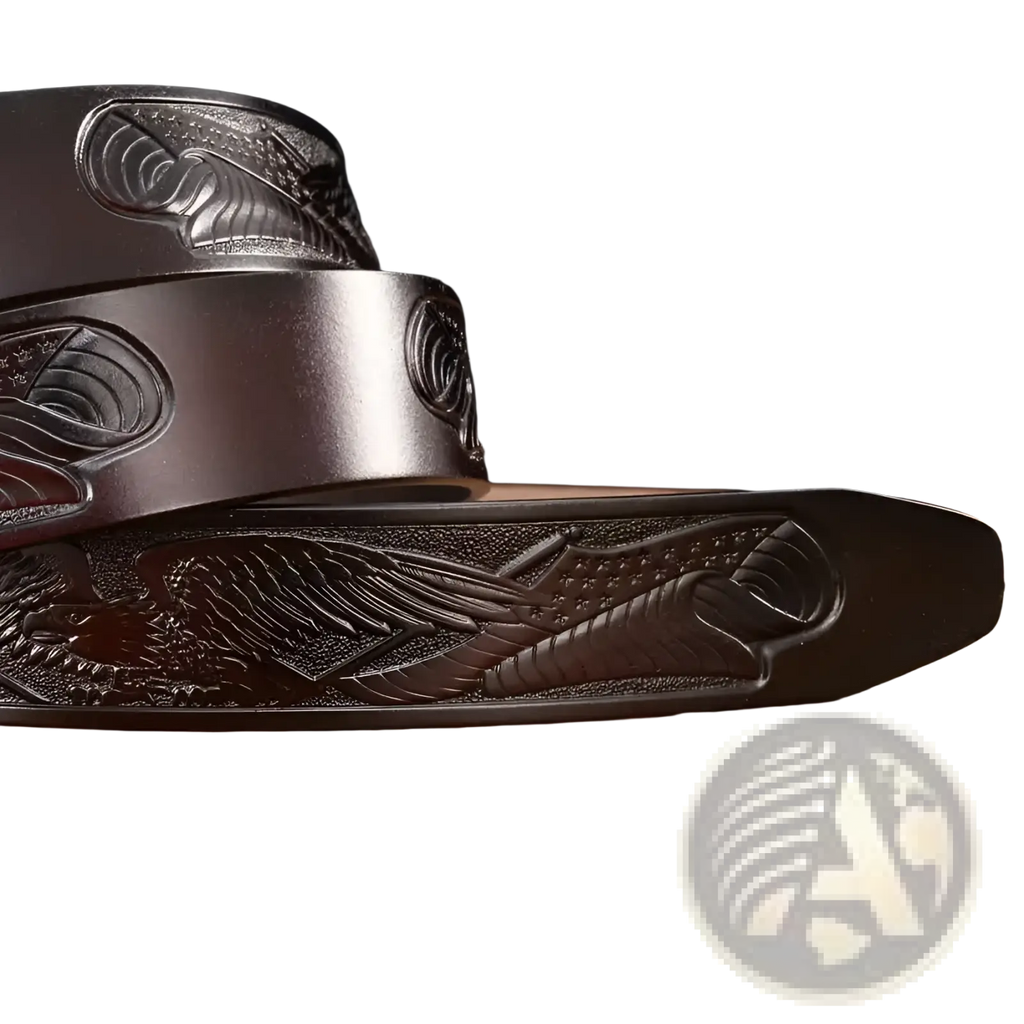 Men’s dark brown leather ratchet belt with engraved eagle designs featuring detailed feathers and wings