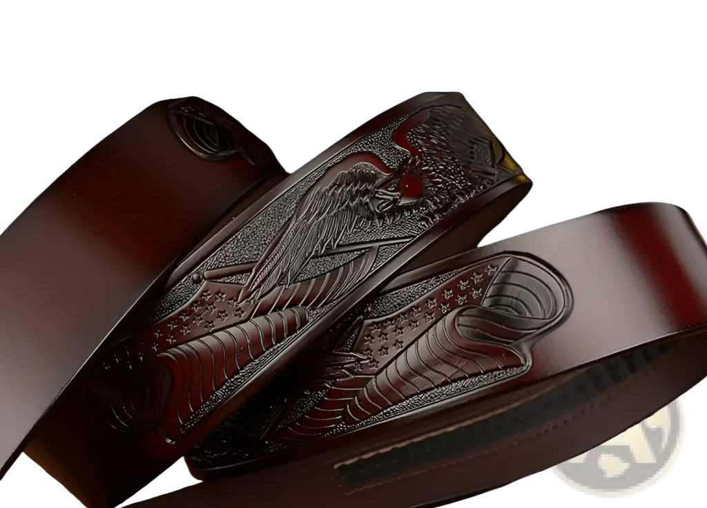 Men’s dark brown leather ratchet belt featuring an intricately engraved eagle buckle with stars and stripes design